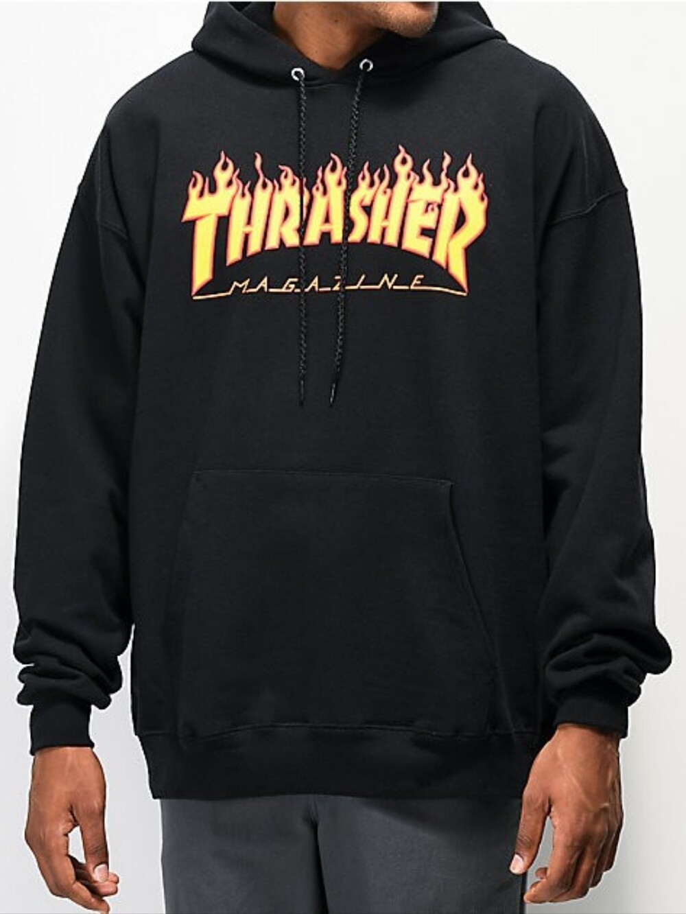 Thrasher Black Hoodie with Yellow-Orange Flame Logo